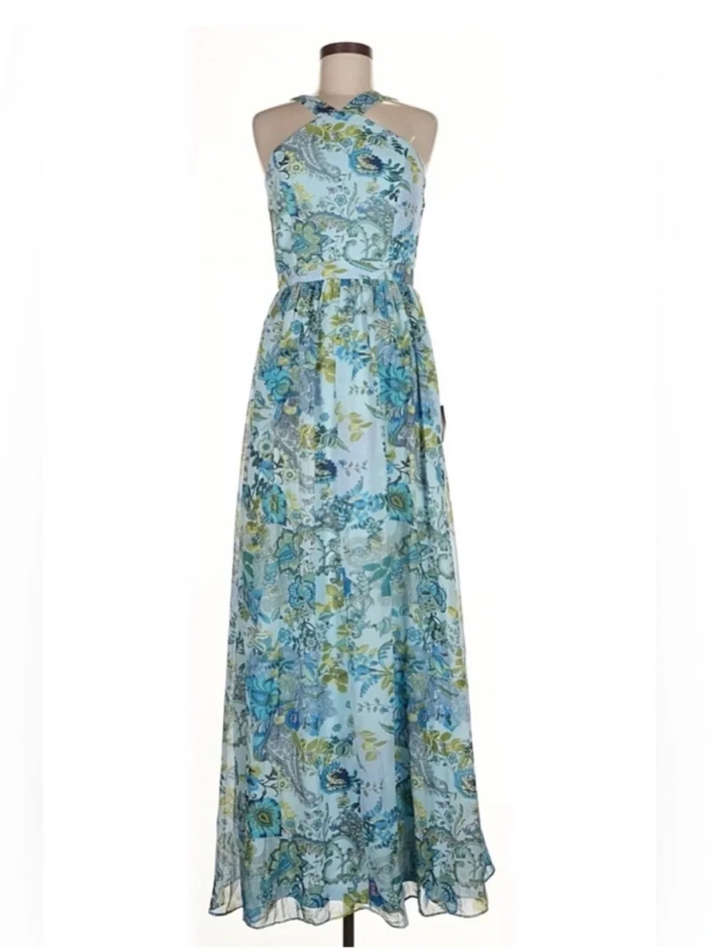 NWT LULUS Dress Lilja Light Blue Floral Print Maxi Lined Women’s Size Large